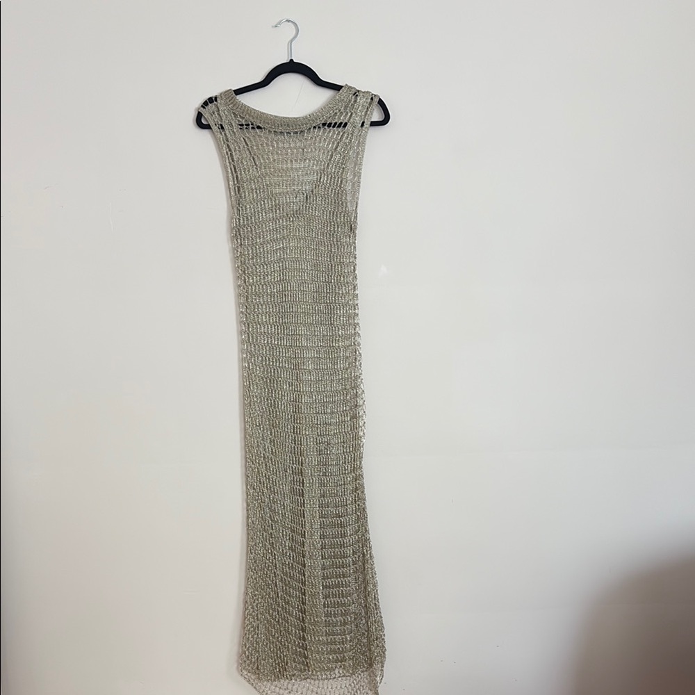 ZARA Gold Sheer Crochet Maxi Dress – Resort-Ready Cover-Up Size L